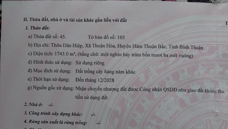 Bán đất Mặt đường Ql 28, thôn dân hiệp xã Thuận Hòa huyện hàm Thuận Bắc. tỉnh Bình Thuận