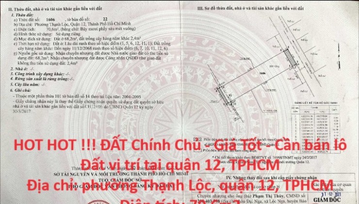 HOT HOT !!! ĐẤT Chính Chủ - Giá Tốt - Cần bán lô Đất vị trí tại quận 12, TPHCM