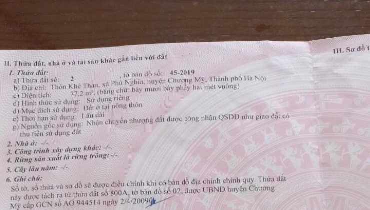 77m - mặt tiền 4.2m - chỉ hơn 10tr - Phú Nghĩa, Chương Mỹ

- Chính chủ gửi em bán lô đất 77m2, ngay gần mặt đường QL6