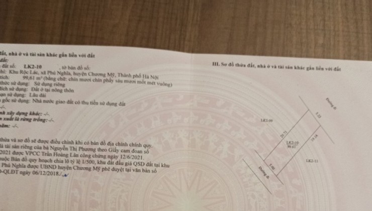 rộc rác phú nghĩa mọt lô duy nhất 99.8 m đất bán đấu giá phú nghĩa chương mỹ hà nội cách ql6 hơn 1km gần chợ và saan bóng đã nhân tạo