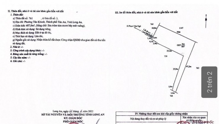 CHÍNH CHỦ Cần bán đất 687 m2 thổ và 2918 m2 đất lúa