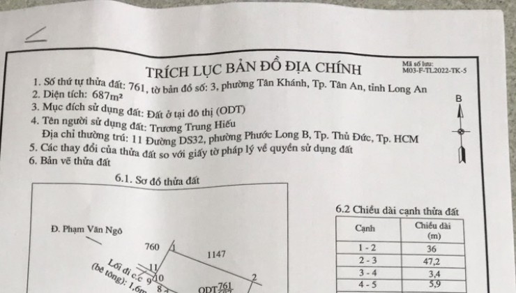 CHÍNH CHỦ Cần bán đất 687 m2 thổ và 2918 m2 đất lúa