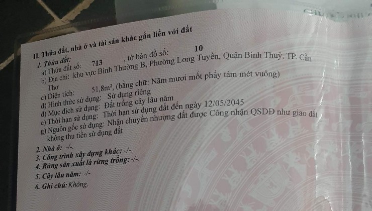 Cần Bán Nhanh Lô Đất Chính Chủ Vị Trí Đẹp tại khu vực Bình Thường B , Long Tuyền , Bình Thủy , Cần Thơ