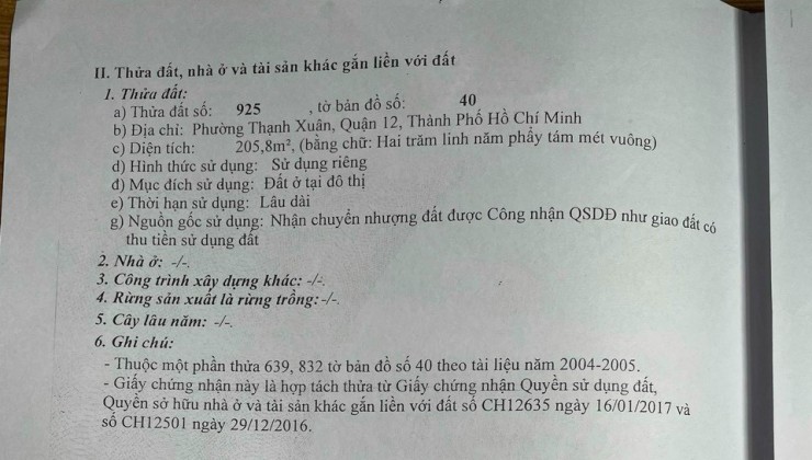 Chính chủ cần bán lô đất thạnh xuân 22 q12 Dt 8*25m Tc 205m2