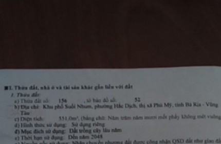 Cần bán gấp mảnh đất tại khu phố Suối Nhum, Phường Hắc Dịch, Phú Mỹ, Bà Rịa Vũng Tàu.