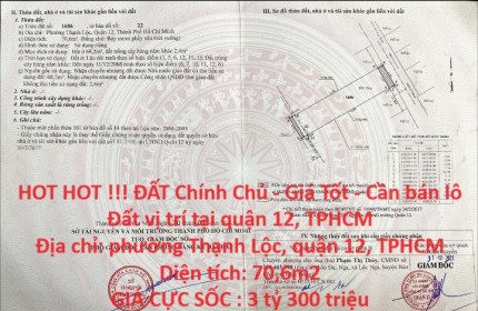 HOT HOT !!! ĐẤT Chính Chủ - Giá Tốt - Cần bán lô Đất vị trí tại quận 12, TPHCM