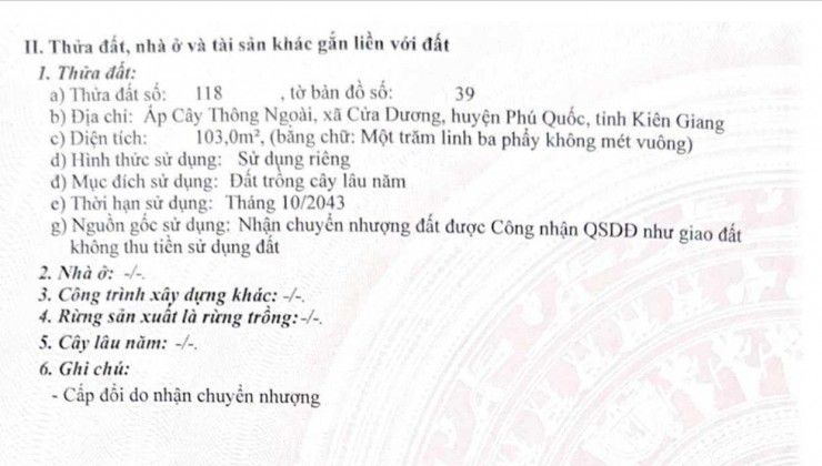 Chính Chủ Bán 103m2 Đất Sổ Hồng Riêng Trung Tâm Dương Đông-Phú Quốc