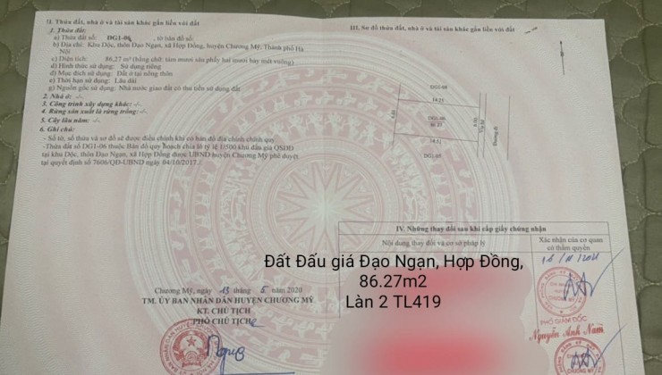 Cc cần thanh lý gấp lô đất 86.27m2, 2.x tỷ, tk4, đất đấu giá Đạo Ngạn, Hợp Đồng Chương Mỹ, HN,  kd, văn phòng