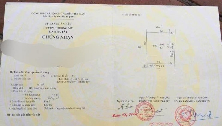 45m2, 1.x tỷ,đât Trung tâm Chúc Lý, Ngọc Hoà, tk3 , Chương Mỹ, tk1, ô tô đỗ cửa. Giá đầu tư 1.x tỷ.