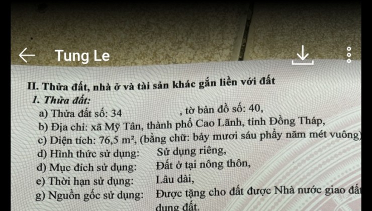 CHÍNH CHỦ BÁN ĐẤT MẶT TIỀN Chợ Bà Học, Xã Mỹ Tân, TP Cao Lãnh