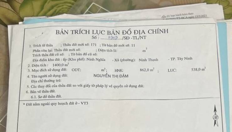 Hơn 3 công đất TP Tây Ninh giá chỉ 285 triệu/công - P. Ninh Thạnh, TP. Tây Ninh