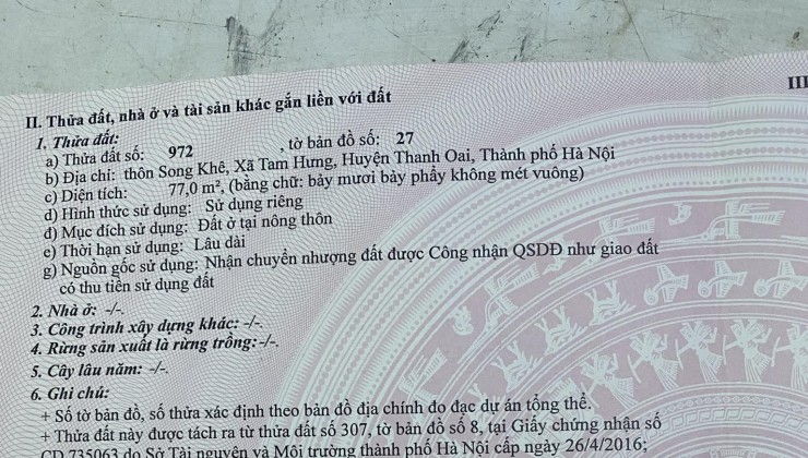 Cần bán đất Song Khê, Tam Hưng, Thanh Oai, Hà Nội. DT 77m ô tô 7 chỗ vào tận nhà