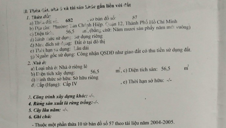 NHÀ ĐẸP - GIÁ TỐT - CHÍNH CHỦ Cần Bán Nhà Vị Trí Đẹp Tại  Phường Tân Chánh Hiệp, Quận 12