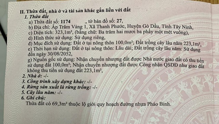 ĐẤT ĐẸP - GIÁ TỐT - Chính Chủ Cần Bán Nhanh Đất Tại Xã Thanh Phước, Gò Dầu, Tây Ninh