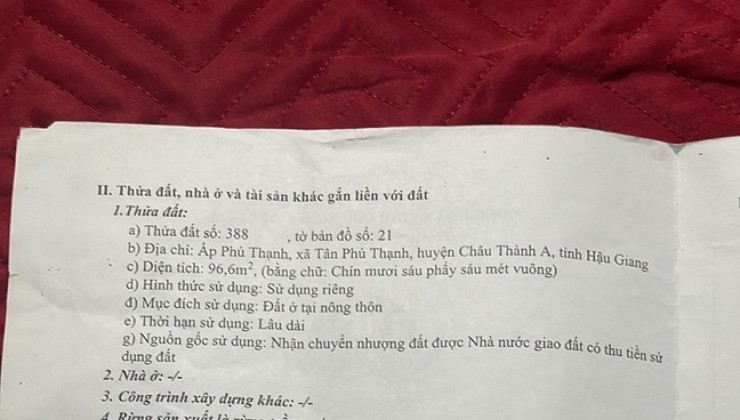 Chính Chủ Cần Bán Gấp Đất Mặt Tiền Lộ Nhựa Tại Xã Tân Phú Thạnh, Châu Thành A, Hậu Giang