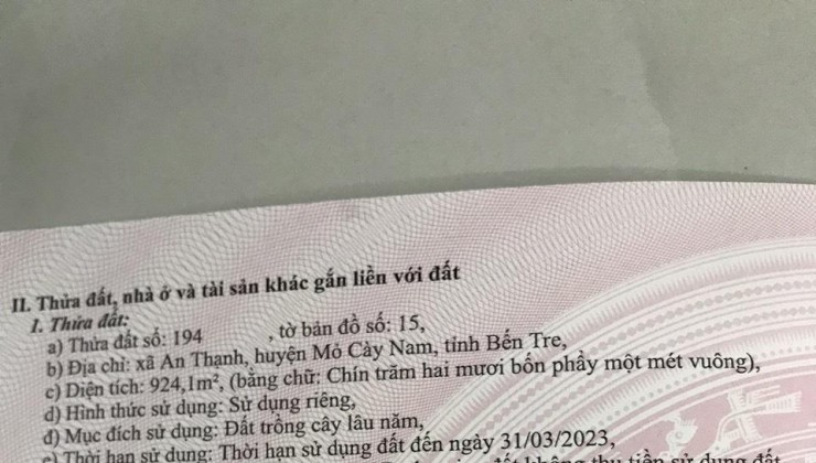 Cần Bán Nhanh Lô Đất tại quốc lộ 60 mới, gần cầu Ông Hiếu, An Thạnh, Mỏ Cày Nam, Bến Tre