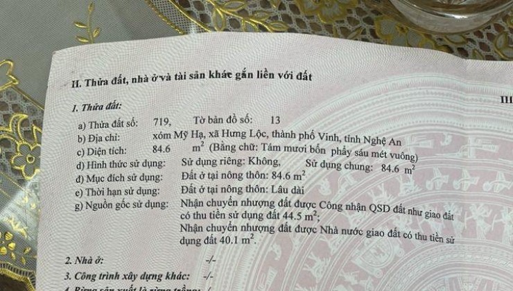 ĐẤT ĐẸP- GIÁ TỐT – CHÍNH CHỦ CẦN BÁN LÔ ĐẤT tại Xóm Mỹ Hạ, Xã Hưng Lộc - Tp Vinh - Nghệ An