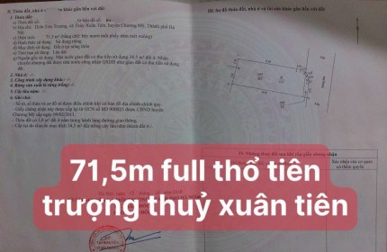 Hàng đẹp vừa túi tiền 
-71,5m đất full thổ cư 
- đường xe tải đánh võng 
- xung quanh toàn biệt thự , nghỉ dưỡng 
- địa chỉ : thuỷ xuân tiên ,