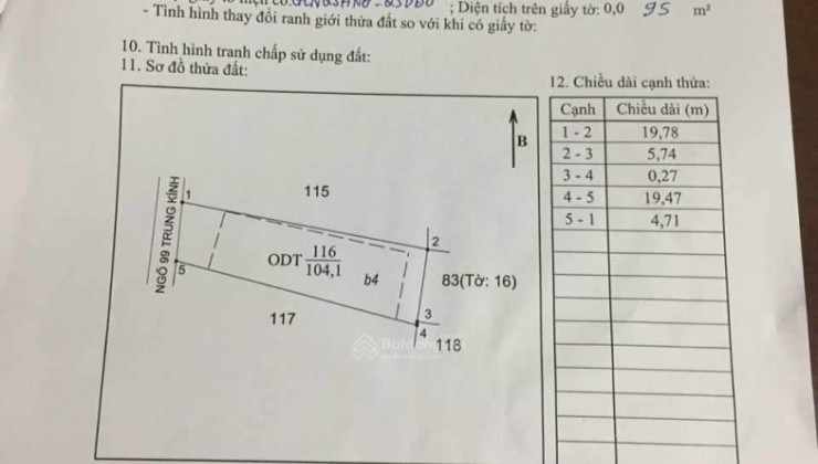 Bán đất Trung Kính, tt Cầu Giấy ngõ nông 95m2 (thực tế 104m2) x MT4.8m. Giá 16 tỷ có TL