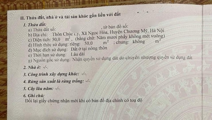Cc gửi bán 50m2, chỉ 1.x tỷ, tại Chúc Lý, Ngọc Hoà, Chương Mỹ, HN, ô tô vào