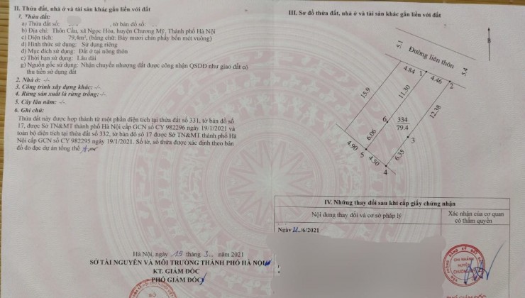 Cc gửi bán 57.5m2, tại xóm Làng, Đại Yên, Chương Mỹ, Hà Nội, nhưng chỉ tính tiền với diện tích hơn 46m2, mt 3.72m (tức được tặng không tầm hơn 11m2),
