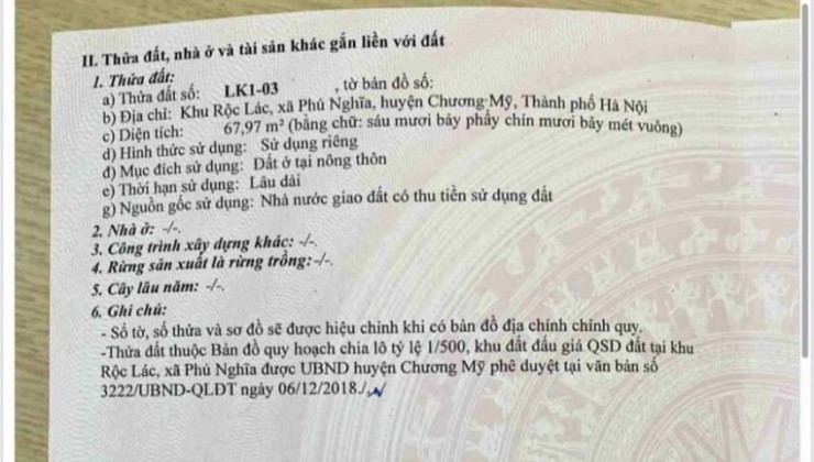 Chính chủ bán 68m2, 2.x tỷ, đấu giá Phú Nghĩa, Chương Mỹ, Hà Nội,  phân lô vỉa hè - đường trục chính xe tải tránh