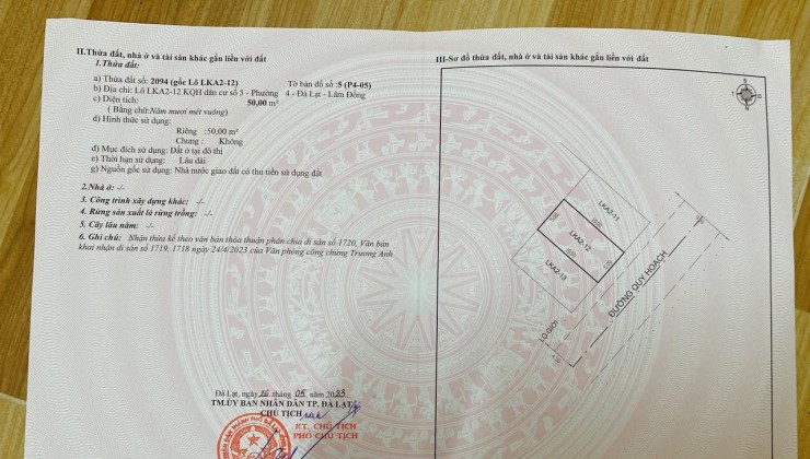 Bán đất khu dân cư số 5 An Sơn Phường 4 Đà Lạt chỉ 4 tỷ 2