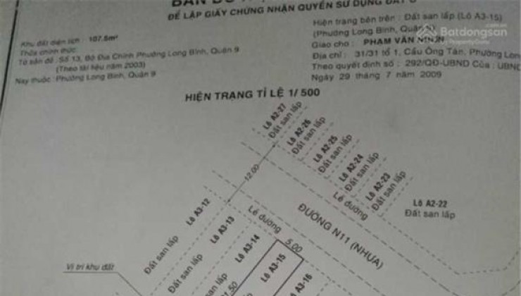 Đát HXH đẹp gần Đường Nguyễn Xiễn, Quận 9, DT 110m2 ngang 5 m, nhĩnh 4 tỷ