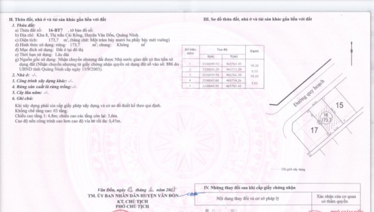 CHÍNH CHỦ CẤN BÁN LÔ ĐẤT THỊ TRẤN CÁI RỒNG, HUYỆN VÂN ĐỒN TỈNH QUẢNG NINH