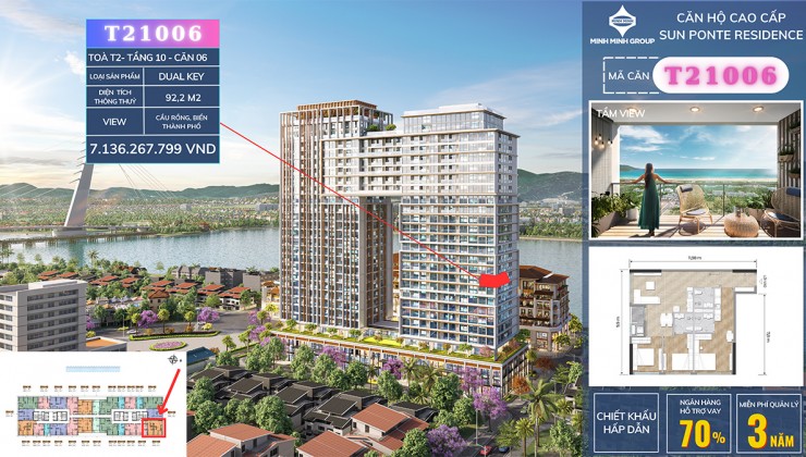 Bán căn 3 phòng ngủ tầng 10 view sông Hàn tại Sun Ponte Residence