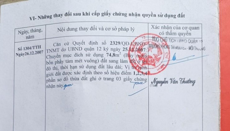 Bán lô đất có 3 phòng trọ 8 x 10 thổ cư 75m2 ngay trung tâm P. Tân Thới Hiệp, Q12