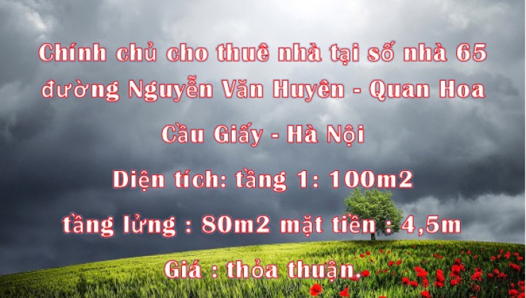 Chính chủ cho thuê nhà tại số nhà 65 đường Nguyễn Văn Huyên,Quan Hoa,Cầu Giấy ,Hà Nội