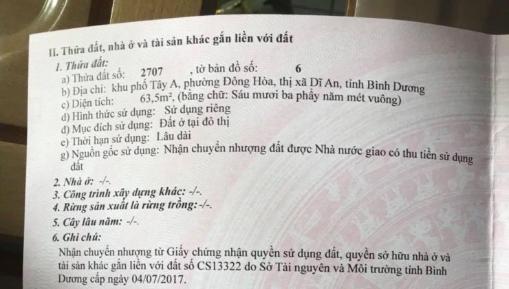 Chính Chủ Cần Tiền Bán Lô Đất Tại Phường Đông Hòa, Dĩ An, Bình Dương