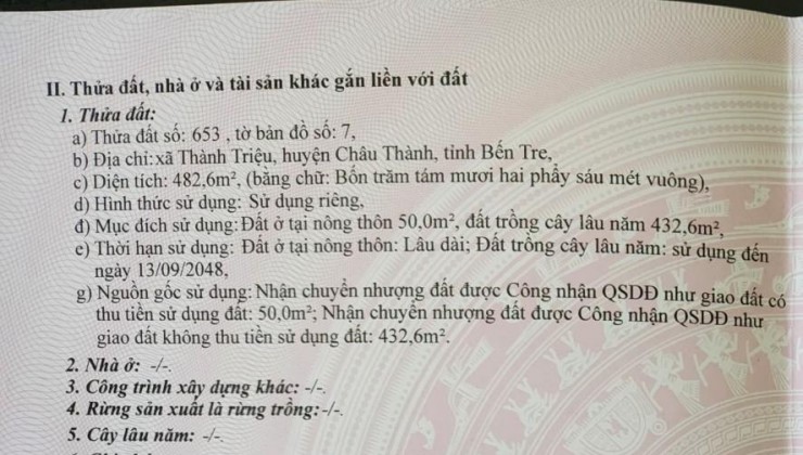 Đất Đẹp - Giá Tốt - Chính Chủ Bán Lô Đất Vị Trí Tại Thành Triệu - Châu Thành - Bến Tre