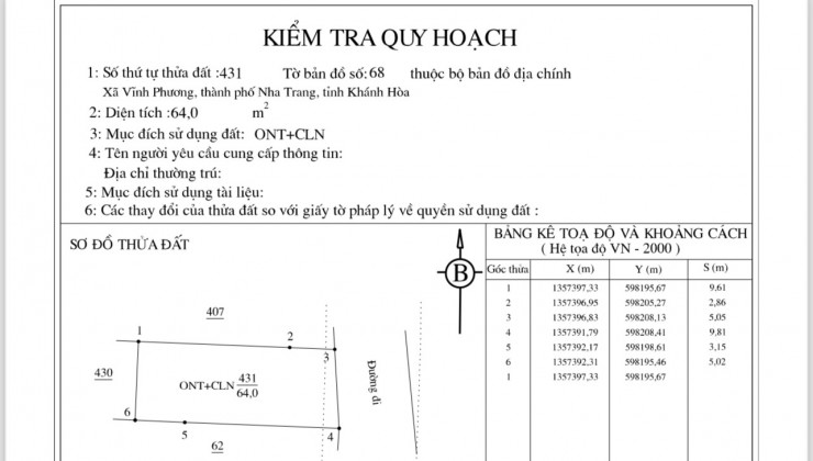 Bán Nhà vĩnh Phương thôn Đông cách Nha trang 13km rộng 64m chior 1ty450tr cách chợ 1,2km có giấy phép xây dựng