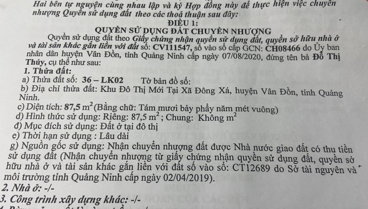 Chính chủ cần bán mảnh đất tại KĐT Mới tại Xã Đông Xá, Huyện Vân Đồn, Tỉnh Quảng Ninh.