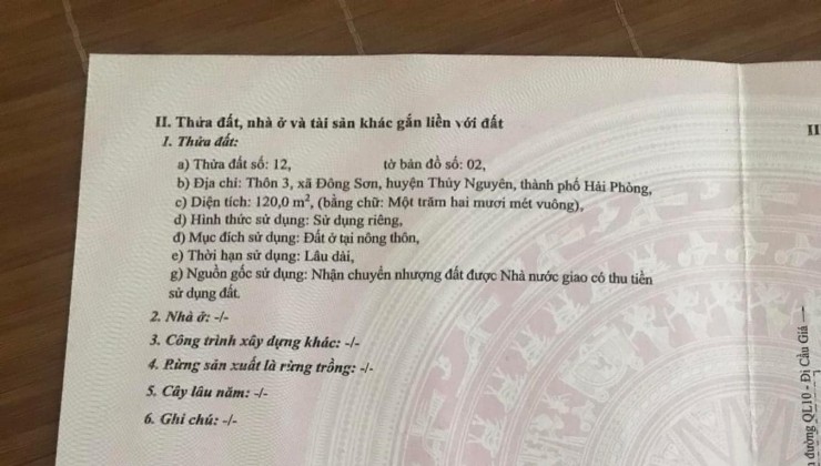 Chính chủ cần bán mảnh đất mặt đường quốc lộ 10 Thôn 3, Đông Sơn, Thủy Nguyên, Hải Phòng.