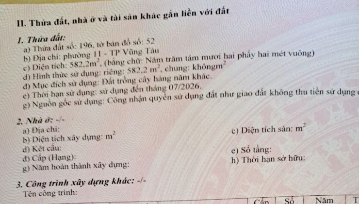 BÁN 582,2M ĐẤT MẶT TIỀN ĐƯỜNG 2/9 (ĐƯỜNG 51B CŨ) PHƯỜNG 11 TP. VŨNG TÀU. LH:0912218787.