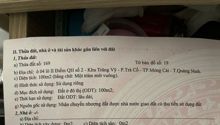 TRÀNG VĨ-TRÀ CỔ-QUẢNG NINH-100M SỔ ĐỎ VUÔNG 5x20; 2 THOÁNG Ô TÔ ĐỖ; BIỂN GẦN GIÁ 1,5 TỶ