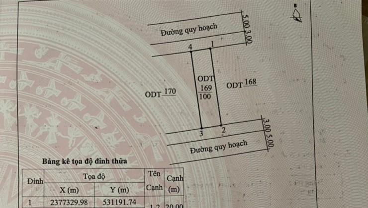 TRÀNG VĨ-TRÀ CỔ-QUẢNG NINH-100M SỔ ĐỎ VUÔNG 5x20; 2 THOÁNG Ô TÔ ĐỖ; BIỂN GẦN GIÁ 1,5 TỶ