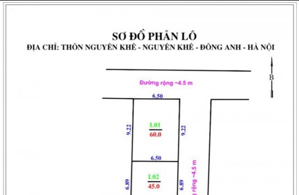 Bán đất Nguyên Khê, Đông Anh, diện tích 45m2, mặt tiền 7m, vuông vắn đẹp, giá 2,7 tỷ