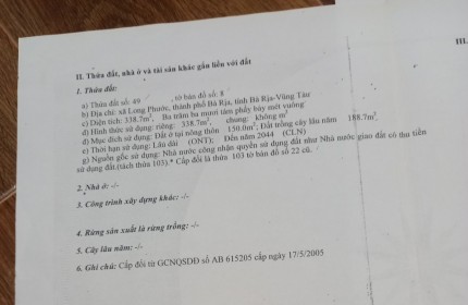 Cần bán gấp nhà và đất mặt tiền nhựa sát uỷ bán xã long phước tp bà rịa