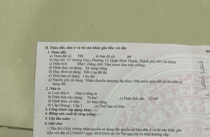 Bán nhà MT số 67 Đặng Thùy Trâm P13 Bình Thạnh 88m2 x 3 tấm SHR 21.5 tỷ. Lh:0989679533.