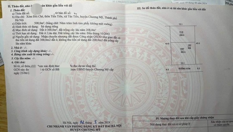Chính chủ gửi bán 508m2, mt 12m, tại Tân Tiến, Chương Mỹ, Hà Nội, ô tô tránh, ngõ thông, chia lô, nghỉ dưỡng