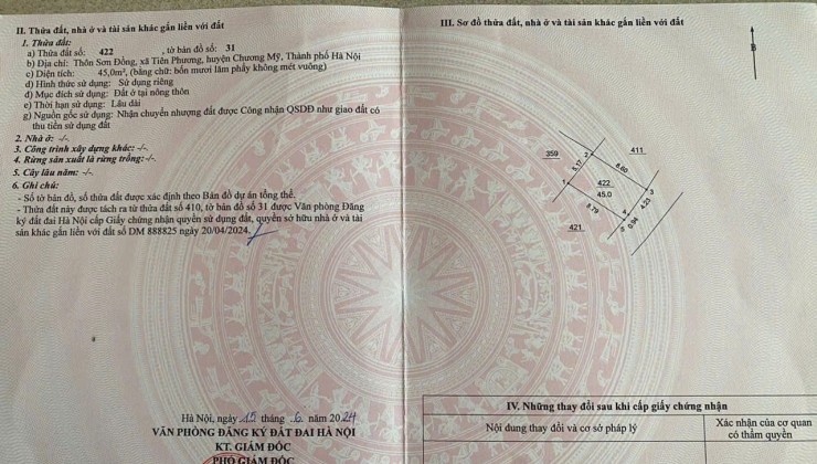 Cc gửi bán 7 lô Sơn Đồng, Tiên Phương, Chương Mỹ, Hà Nội, nhỉnh 900tr, ô tô vào, giáp Ql6