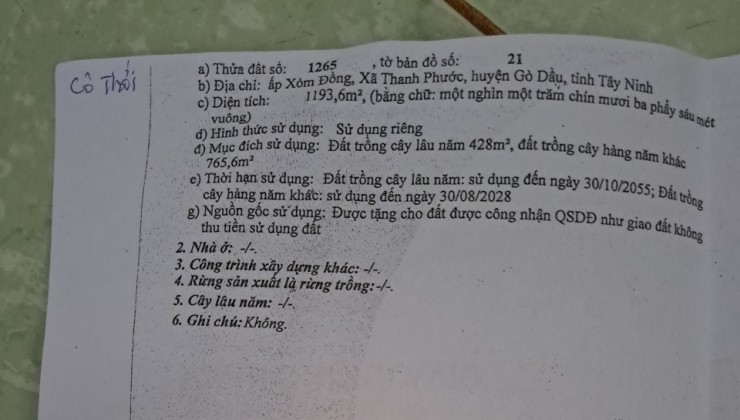 ĐẤT CHÍNH CHỦ - GIÁ TỐT - Vị Trí Đẹp tại ấp Xóm Đồng, Thanh Phước, Gò Dầu, Tây Ninh