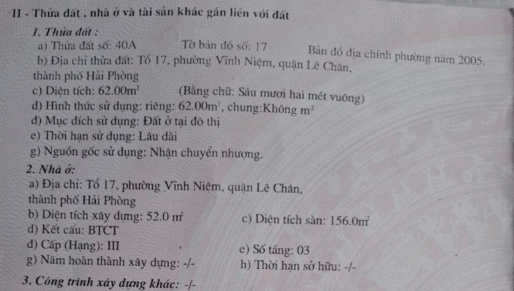 Bán nhà Thiên Lôi gần ngay ngã 4 Phúc Tăng, diện tích 62m 3 tầng độc lập GIÁ 2.86 tỉ