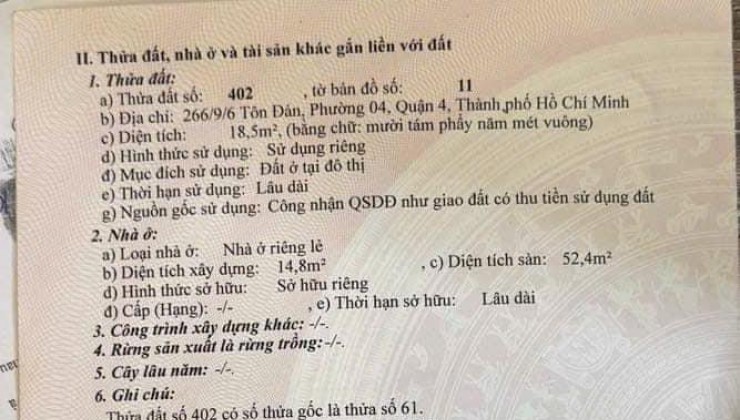 Nhà hẻm 266/9 Tôn Đản P4Q4HCM 18.5m 1 trệt 1 lửng 2 lầu 1ST. SHR 2.7 tỷ. Lh:0854049979