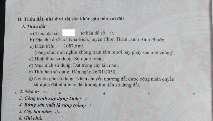 Bán Đất Ấp 2,Xã Nha Bích,TX Chơn Thành,Giá Bán 1 Tỷ DT 1087m2