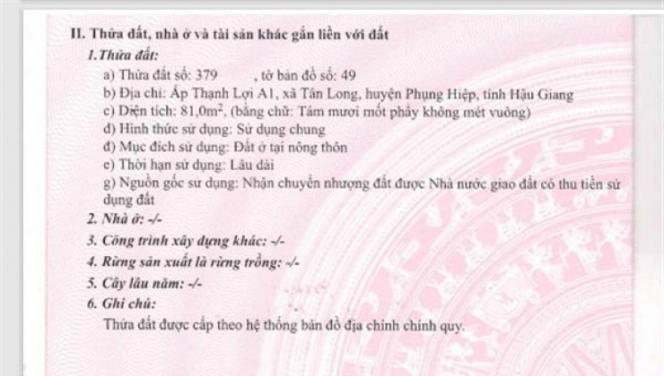 Chính Chủ Cần Bán Nhanh Đất Vị Trí Đẹp Tại Xã Tân Long, Huyện Phụng Hiệp, Hậu Giang